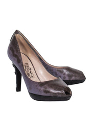 Current Boutique-Ferragamo - Purple & Brown Snakeskin Embossed Peep Toe Pumps Sz 9