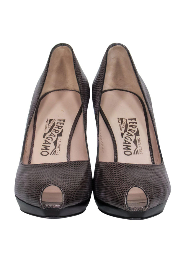 Current Boutique-Ferragamo - Purple & Brown Snakeskin Embossed Peep Toe Pumps Sz 9