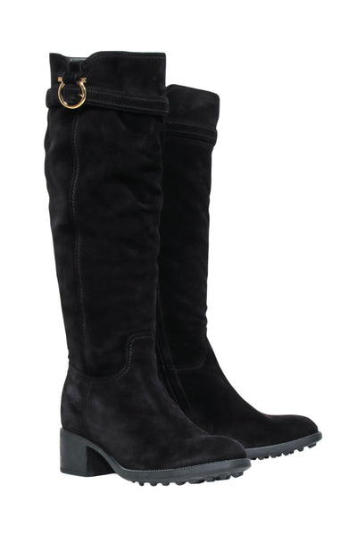 Current Boutique-Salvatore Ferragamo - Black Suede Tall Boots w/ Fur Lining & Block Heel Sz 10