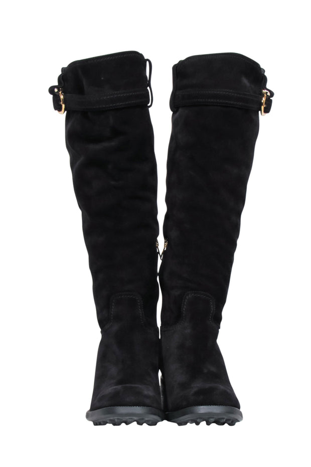 Current Boutique-Salvatore Ferragamo - Black Suede Tall Boots w/ Fur Lining & Block Heel Sz 10