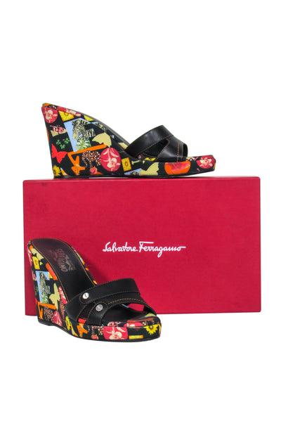 Current Boutique-Ferragamo - Black Printed Fabric & Leather "Seta" Mule Wedges Sz 9