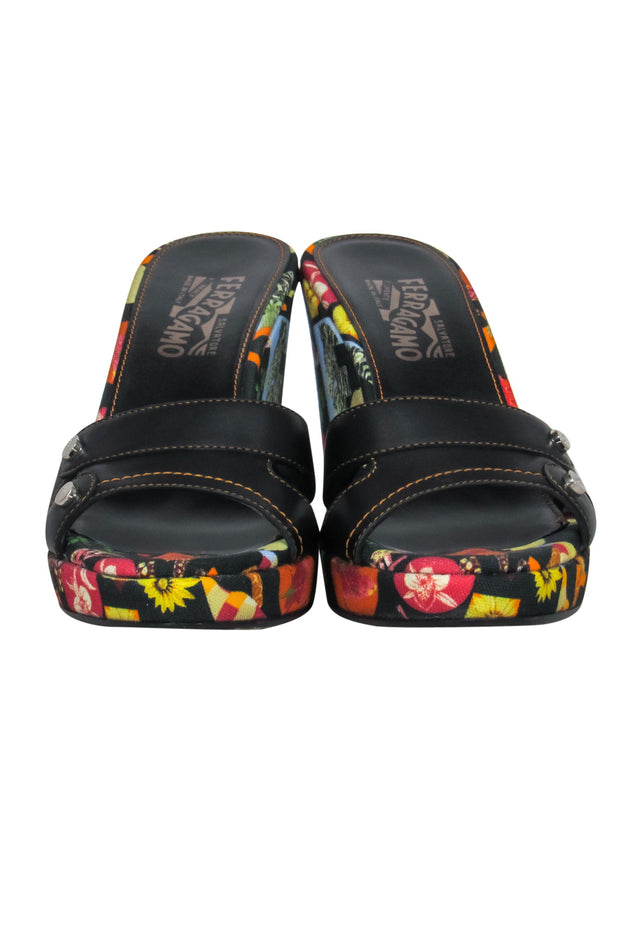 Current Boutique-Ferragamo - Black Printed Fabric & Leather "Seta" Mule Wedges Sz 9