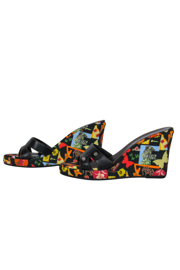 Current Boutique-Ferragamo - Black Printed Fabric & Leather "Seta" Mule Wedges Sz 9