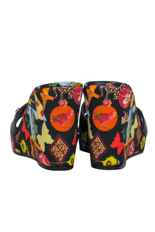 Current Boutique-Ferragamo - Black Printed Fabric & Leather "Seta" Mule Wedges Sz 9