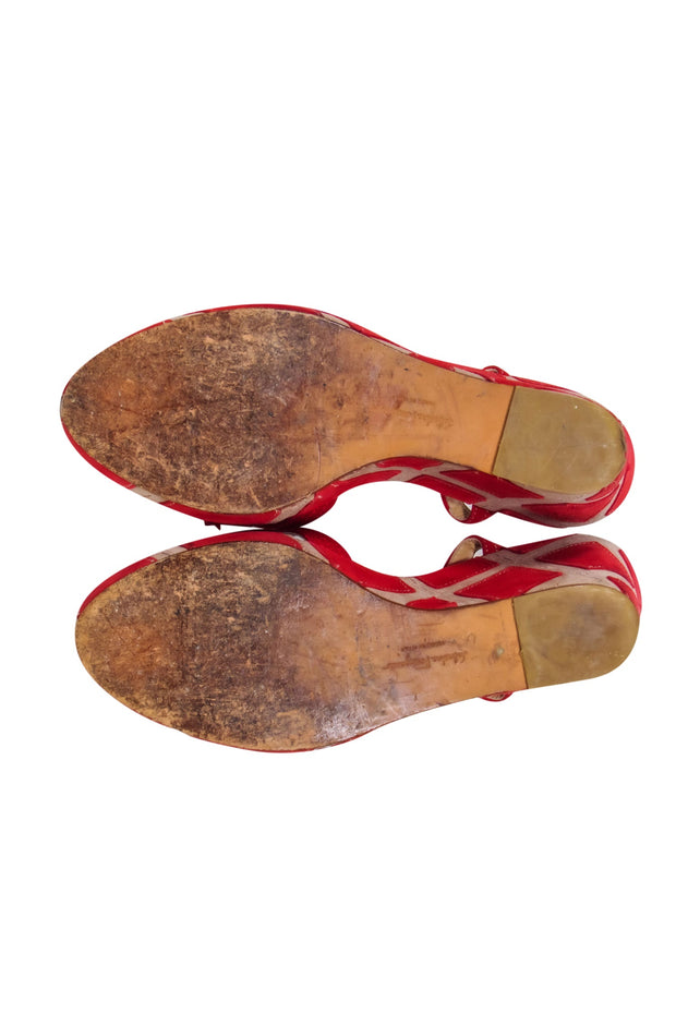 Current Boutique-Ferragamo - Red Suede Open Toe Strappy Slingback Wedges w/ Pattern Heels Sz 9