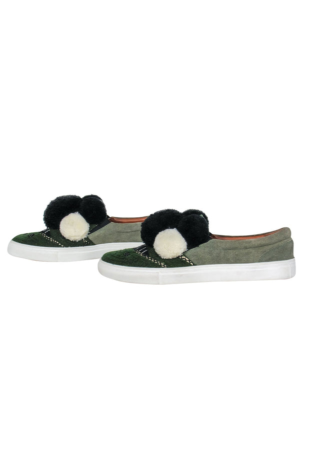 Current Boutique-Figue - Olive Green Suede Slip-on Sneakers w/ Pom-Poms Sz 9.5