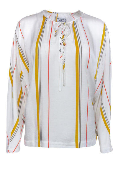 Current Boutique-Frame - White Lace-Up Striped Top Sz XS