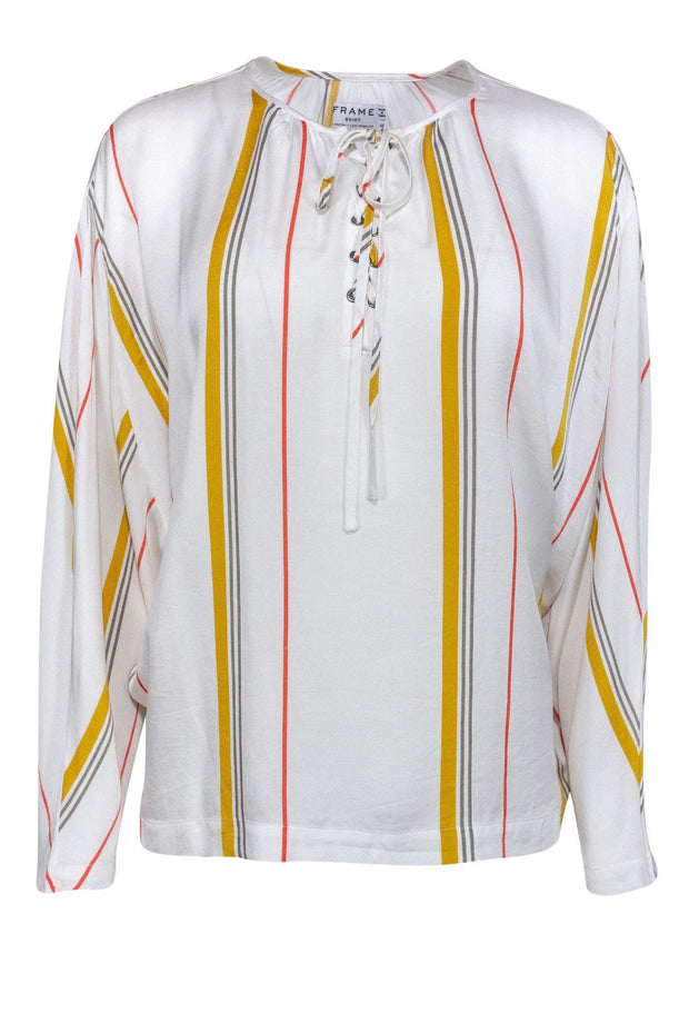 Current Boutique-Frame - White Lace-Up Striped Top Sz XS