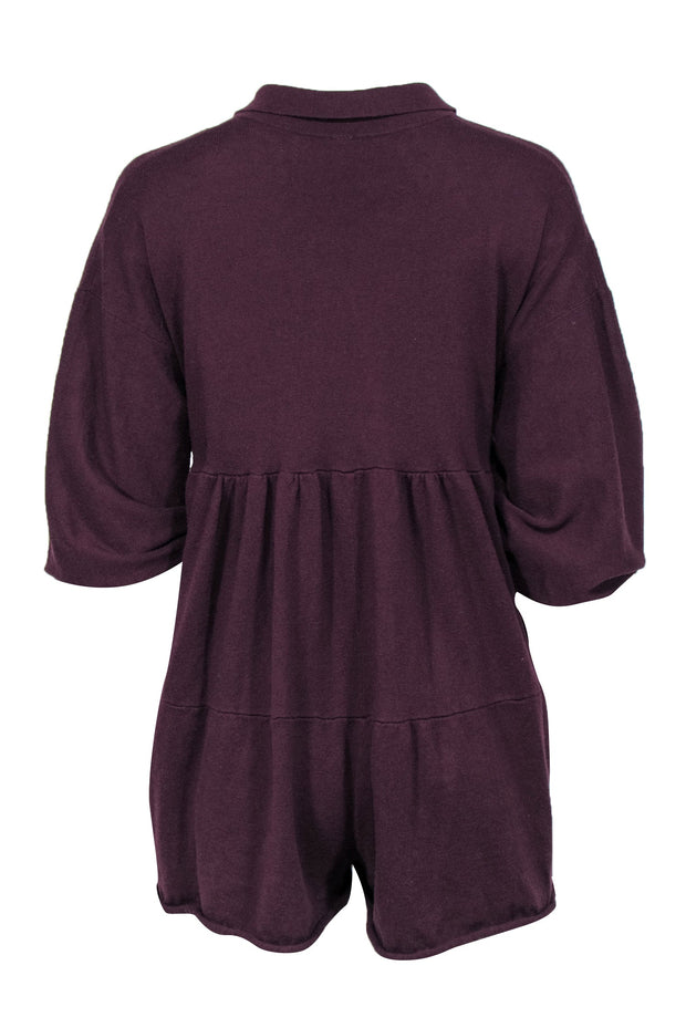 Current Boutique-Free People - Dark Purple Balloon Sleeve Partial Button-Up Romper Sz XS