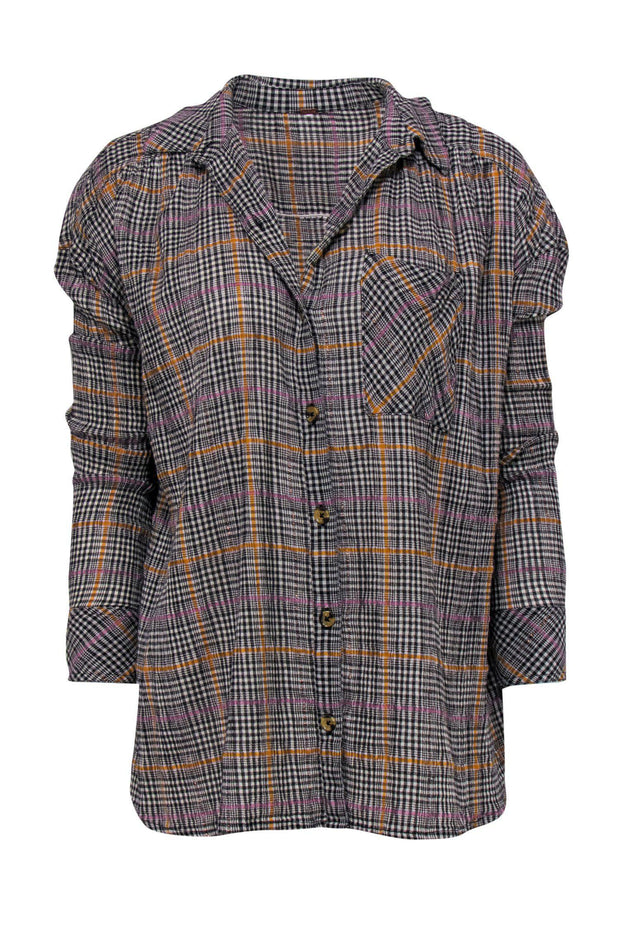 Current Boutique-Free People - Black & Multicolored Button-Up Plaid Blouse w/ Metallic Stripes Sz S