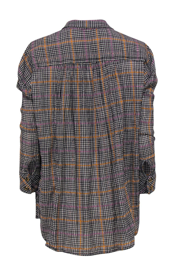 Current Boutique-Free People - Black & Multicolored Button-Up Plaid Blouse w/ Metallic Stripes Sz S