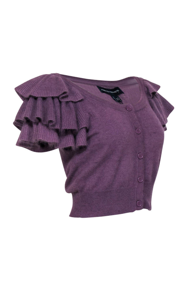 Current Boutique-French Connection - Purple Button-Up Ruffle Short Sleeve Cropped Cardigan Sz XS