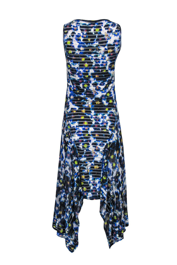 Current Boutique-Fuzzi - Blue Floral Ruffle Hem Dress w/ Mesh Sz M