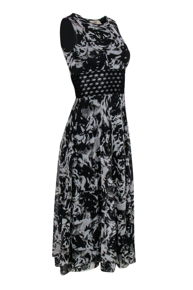 Current Boutique-Fuzzi - Black & White Floral Mesh Dress w/ Textured Waist Sz XS