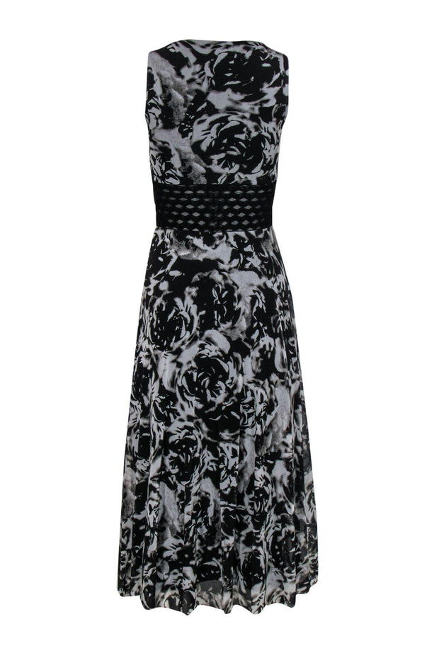 Current Boutique-Fuzzi - Black & White Floral Mesh Dress w/ Textured Waist Sz XS