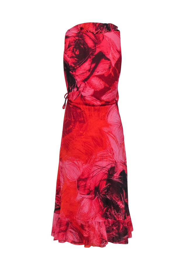 Current Boutique-Fuzzi - Coral & Red Print Ruffle Trim Sleeveless Wrap Dress Sz M
