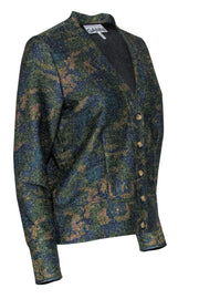 Current Boutique-Ganni - Green, Navy & Gold Sparkly Camouflage Print Cardigan Sz 8