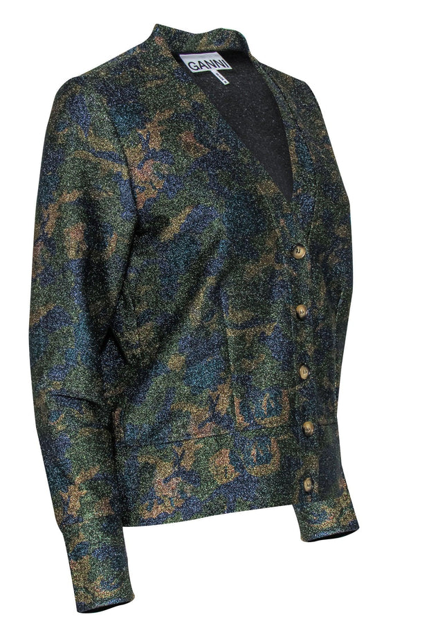 Current Boutique-Ganni - Green, Navy & Gold Sparkly Camouflage Print Cardigan Sz 8