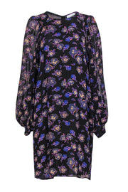 Current Boutique-Ganni - Black, Purple & Tan Floral Print Balloon Sleeve Shift Dress Sz 10