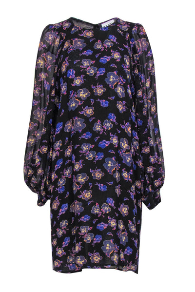 Current Boutique-Ganni - Black, Purple & Tan Floral Print Balloon Sleeve Shift Dress Sz 10