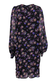 Current Boutique-Ganni - Black, Purple & Tan Floral Print Balloon Sleeve Shift Dress Sz 10