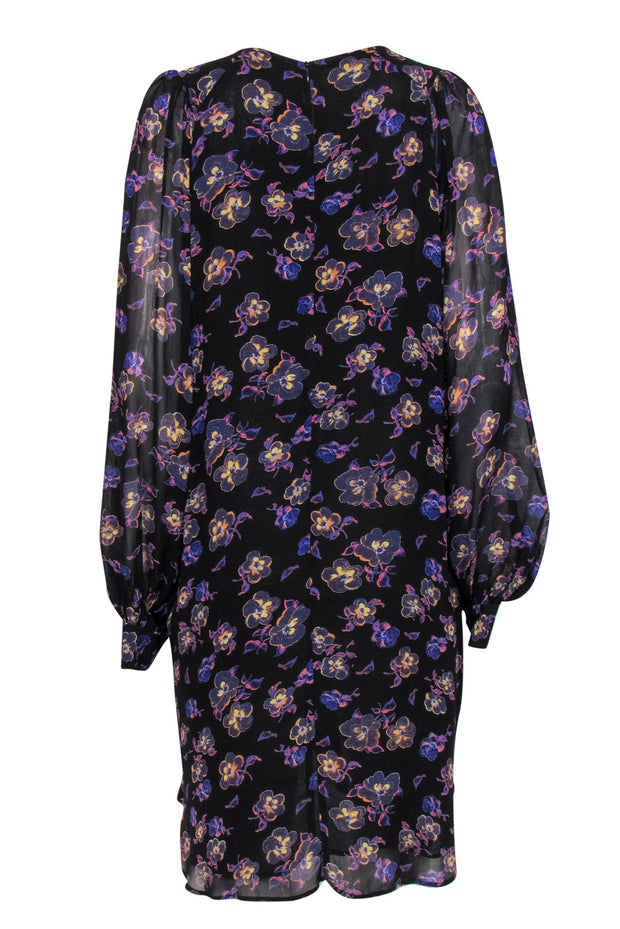 Current Boutique-Ganni - Black, Purple & Tan Floral Print Balloon Sleeve Shift Dress Sz 10