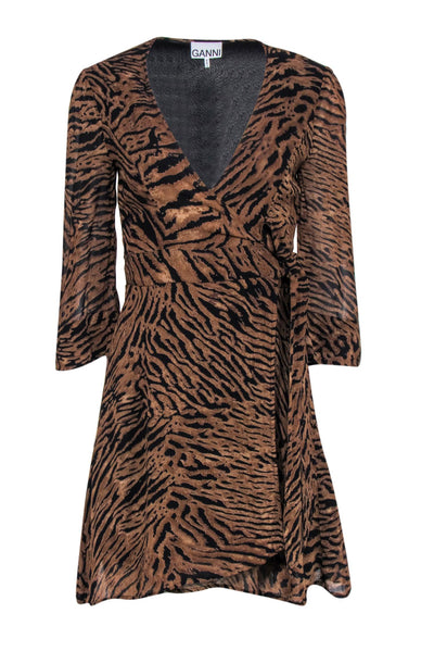 Current Boutique-Ganni - Brown & Black Tiger Print Wrap Dress Sz 4