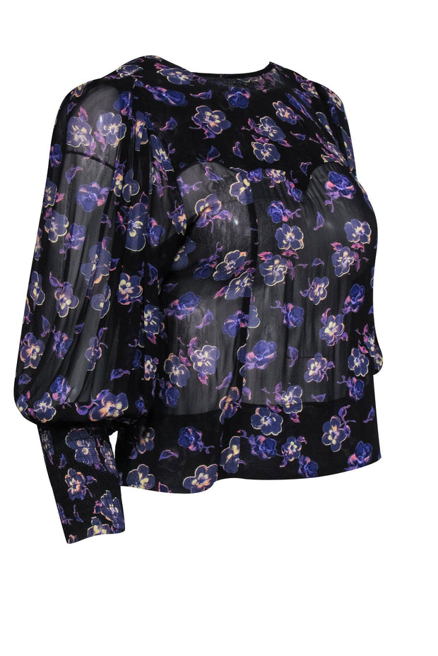 Current Boutique-Ganni - Black Open-Back Tie Blouse w/ Puff Sleeves & Purple Floral Print Sz 2