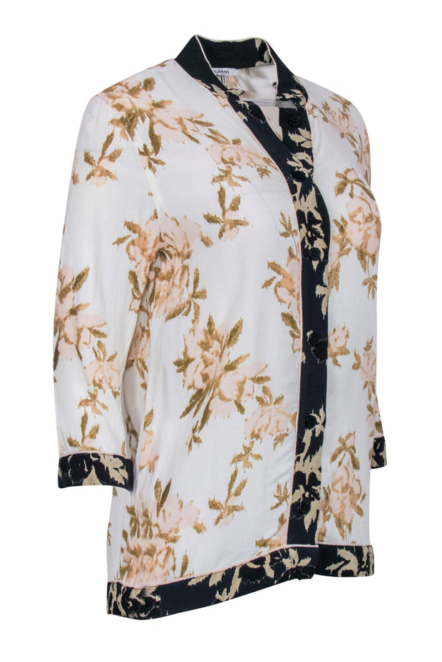 Current Boutique-Ganni - White & Tan Floral Kimono Inspired Button Front Blouse Sz 2