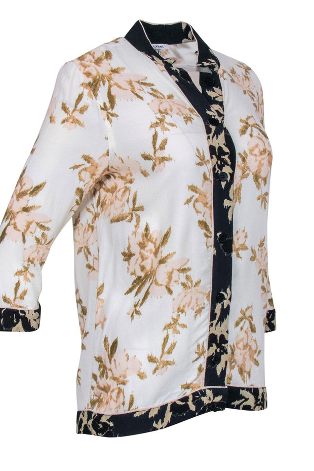Current Boutique-Ganni - White & Tan Floral Kimono Inspired Button Front Blouse Sz 2