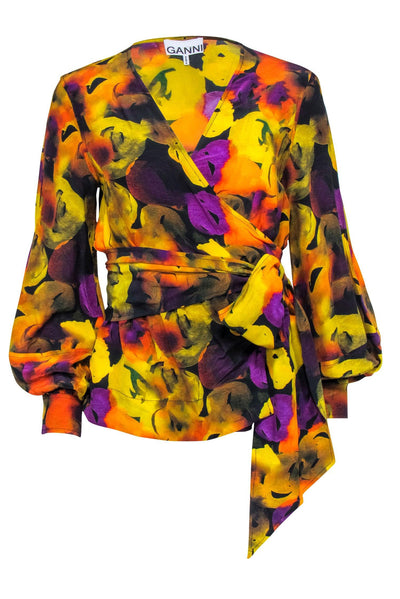 Current Boutique-Ganni - Black & Multicolor Abstract Floral Long Sleeve Wrap Blouse Sz