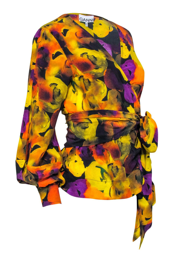 Current Boutique-Ganni - Black & Multicolor Abstract Floral Long Sleeve Wrap Blouse Sz