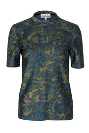 Current Boutique-Ganni - Green, Gold, & Blue Print Metallic Short Sleeve Top Sz 6