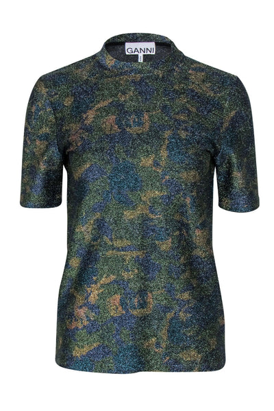 Current Boutique-Ganni - Green, Gold, & Blue Print Metallic Short Sleeve Top Sz 6