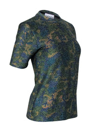 Current Boutique-Ganni - Green, Gold, & Blue Print Metallic Short Sleeve Top Sz 6