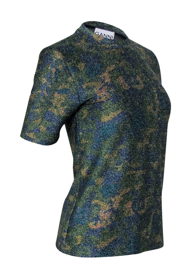 Current Boutique-Ganni - Green, Gold, & Blue Print Metallic Short Sleeve Top Sz 6
