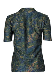 Current Boutique-Ganni - Green, Gold, & Blue Print Metallic Short Sleeve Top Sz 6