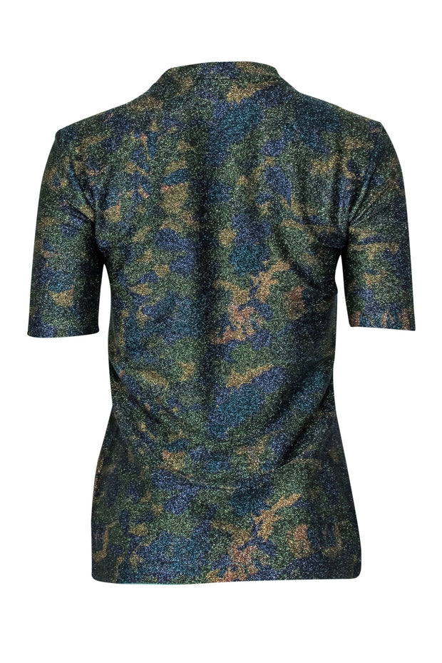 Current Boutique-Ganni - Green, Gold, & Blue Print Metallic Short Sleeve Top Sz 6