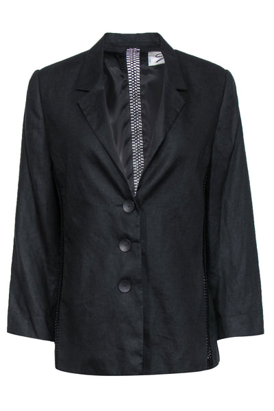 Current Boutique-Genny - Black Flax Woven Three Button Blazer w/ Crochet Trim Sz 12