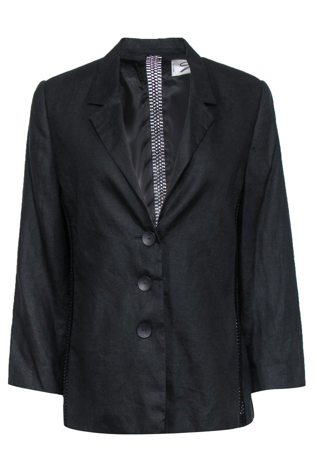 Current Boutique-Genny - Black Flax Woven Three Button Blazer w/ Crochet Trim Sz 12