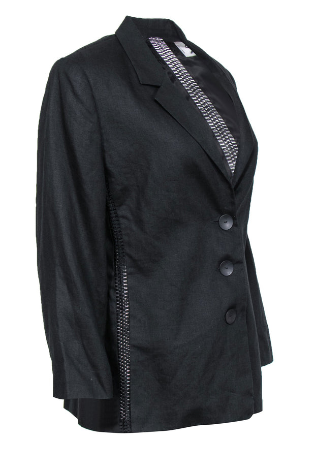Current Boutique-Genny - Black Flax Woven Three Button Blazer w/ Crochet Trim Sz 12