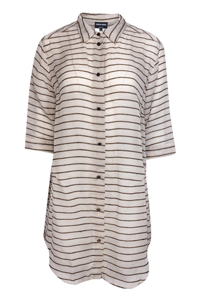 Current Boutique-Giorgio Armani - Beige Striped Silk Blouse Sz 10