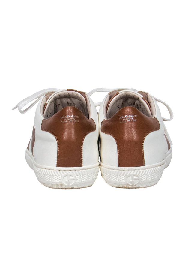Current Boutique-Giorgio Armani - White & Brown Striped Lace-Up Sneakers Sz 8