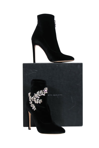 Current Boutique-Giuseppe Zanotti - Black Velvet Booties w/ Crystal Embellishment Sz 8