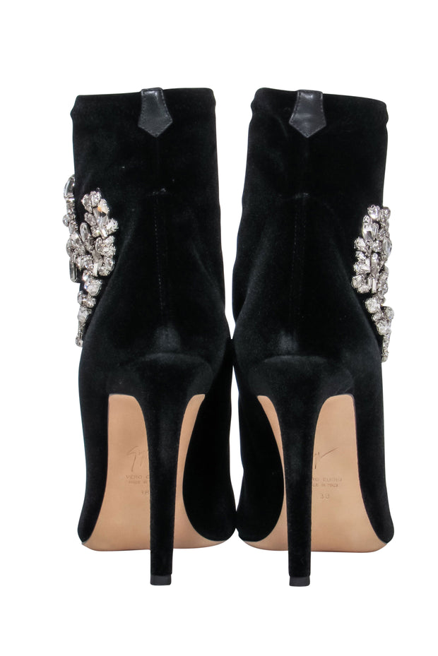 Current Boutique-Giuseppe Zanotti - Black Velvet Booties w/ Crystal Embellishment Sz 8