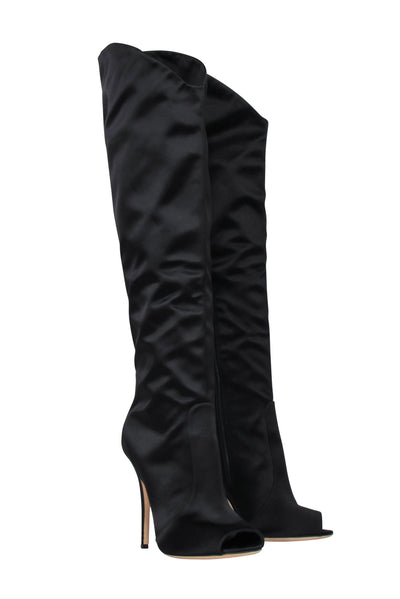 Current Boutique-Giuseppe Zanotti - Black Satin Tall Boot w/ Peep Toe Sz 8 Boots