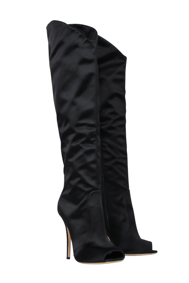 Current Boutique-Giuseppe Zanotti - Black Satin Tall Boot w/ Peep Toe Sz 8 Boots