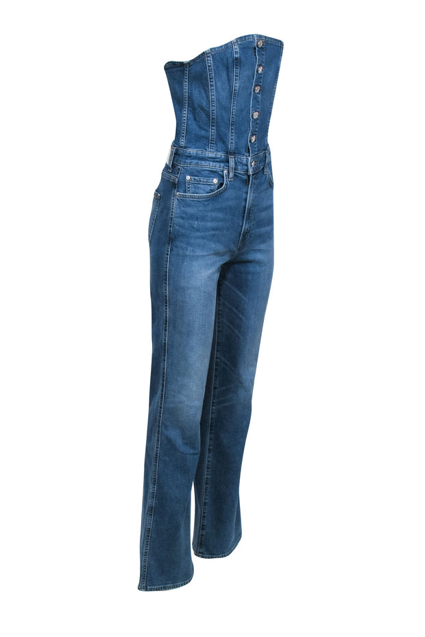Current Boutique-Grlfrnd - Medium Wash Denim Strapless Flare Leg Jumpsuit Sz 27