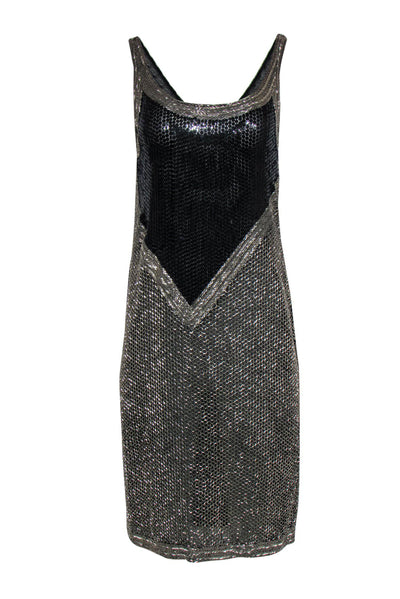 Current Boutique-Halston - Vintage Silver & Black Beaded & Sequin Silk Midi Dress Sz 10