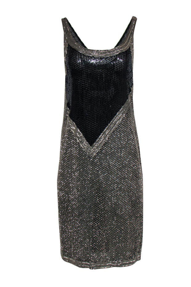 Current Boutique-Halston - Vintage Silver & Black Beaded & Sequin Silk Midi Dress Sz 10